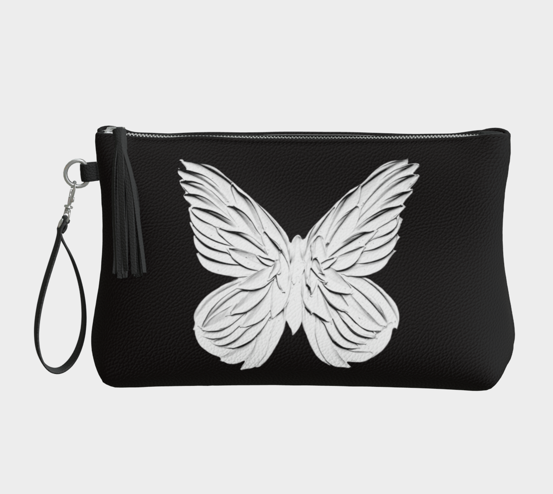 Sac «clutch» ou étui à maquillage en cuir végan (Noir) - La Source de ma Liberté - Papillon - Édition Limitée